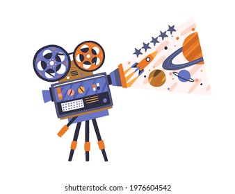 Retro movie projector with reels on tripod showing cinema. Film cinematography concept. Vintage-styled equipment for video projection. Colored flat vector illustration isolated on white background