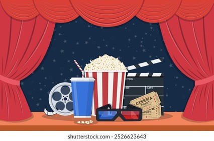 Retro movie set. Black clapperboard, box with popcorn, soda water glass, 3d glasses, Film reel, ticket. illustration in flat style.