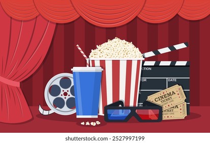 Retro movie set. Black clapperboard, box with popcorn, soda water glass, 3d glasses, Film reel, ticket. illustration in flat style.