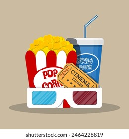 Retro movie set. box with popcorn, soda water glass, 3d glasses. ticket. vector illustration in flat style on brown background