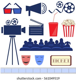 Retro movie set. Camera, popcorn box, megaphone, soda water glass, 3d glasses. ticket, masks, chairs, bobina Vector illustration in flat style