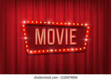 Retro movie sign with bulb frame on red curtain background. Vector illustration.