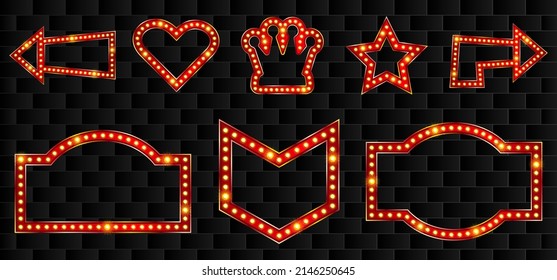 Retro movie sign with bulbs. Vector 3d marquee frames and signboard. Broadway badge for advertisement or promotion with shiny elements.