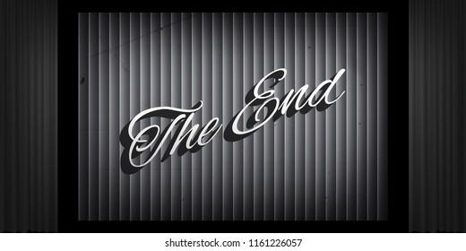 Retro movie theatre with THE END text on white screen. Vector illustration.