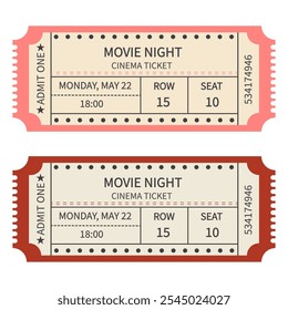 Retro movie ticket design template on red and pink background. Admit one. Tickets for theatre, festival, cinema, party, circus  and etc. Vector illustration.