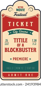 Retro movie ticket template. Great for cinemas, parties, clubs, concerts and other events. Vector, printable. Just add your text.