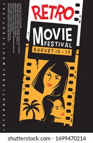 Retro movies festival promotional poster design with girls portraits, film strip and palm tree. Hollywood romantic comedies cinema show vector flyer graphic.