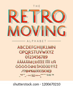 Retro Moving vector font and alphabet with numbers, signs and symbols