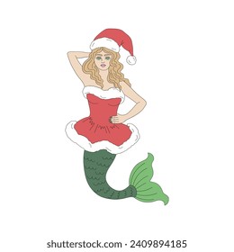 Retro Mrs Santa Claus mermaid underwater sea life vector illustration isolated on white. Groovy tropical summer Christmas print.