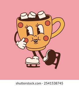 Retro mug character in skates. 40s, 50s, 60s old animation style. Christmas mascot