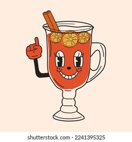 Retro Mulled wine in a cup. 30s cartoon mascot character -. 40s, 50s, 60s old animation style.Mulled wine with cinnamon.Vector in cartoon style. All elements are isolated