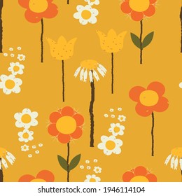 Retro multi flowers vector seamless repeat pattern