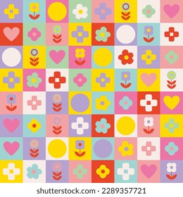 Retro, multicolored floral and geometrical check board seamless repeat pattern. Nostalgic, vector geometrics, hearts and flowers all over surface print.