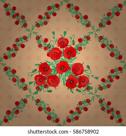 Retro multicolored poppies on a beige background. Shabby chic illustration. Cute vector poppies seamless pattern.