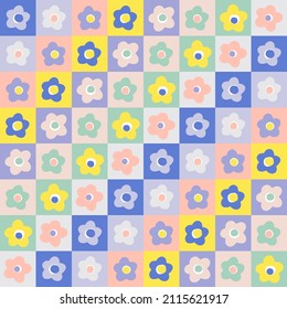 Retro Multicoloured Checkerboard Naive Floral Daisy vector seamless pattern. Groovy flower background. Geometric floret design for nursery and baby fashion.