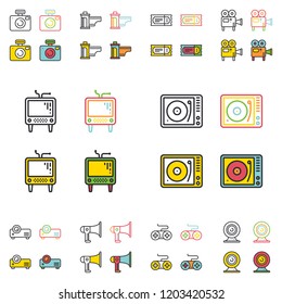 Retro multimedia flat simple line icons set.