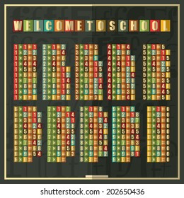 Retro multiplication Table on blackboard. Welcome to school inscription. Vector illustration