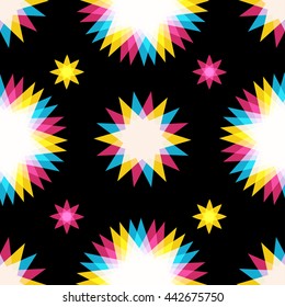 Retro multiplied style seamless pattern with stars flower shapes