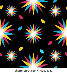 Retro multiplied style seamless pattern with stars flower shapes
