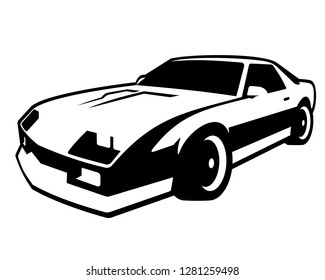 Retro muscle car vector illustration. Vintage black and white sticker of reto car. Old black mobile isolated on white