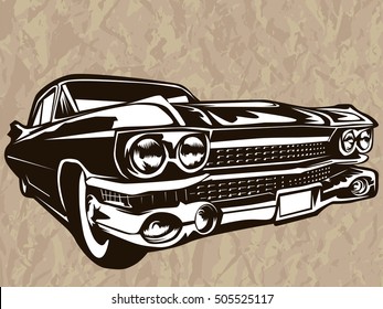 Retro muscle car vector illustration. Vintage poster of reto car. Old mobile isolated on white.