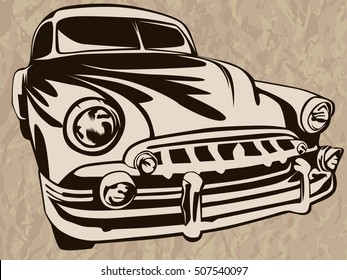 Retro muscle car vector illustration. Vintage poster of reto car. Old mobile isolated on white.

