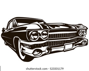 Retro muscle car vector illustration. Vintage poster of reto car. Old mobile isolated on white.