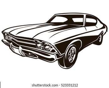 Retro muscle car vector illustration. Vintage poster of reto car. Old mobile isolated on white.