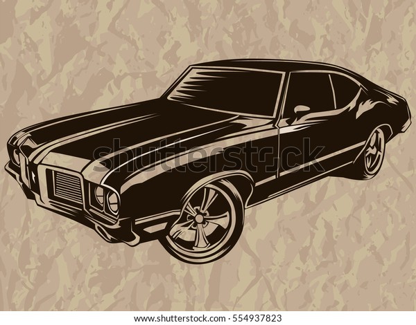 レトロな筋肉の車のベクター画像イラスト レトカーのビンテージポスター 白い背景に古い携帯電話 のベクター画像素材 ロイヤリティフリー