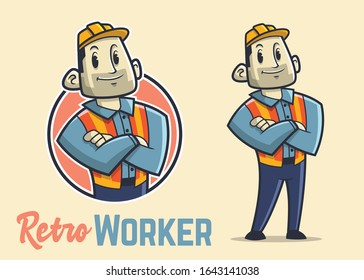 Retro muscular construction worker character, vintage strong builder mascot, confidence and big man