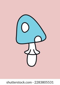 Retro mushroom concept. Blue plant with white dots. Hallucinations and psychedelic object. Era of hippies and groove vibes. Poster or banner. Cartoon flat vector illustration