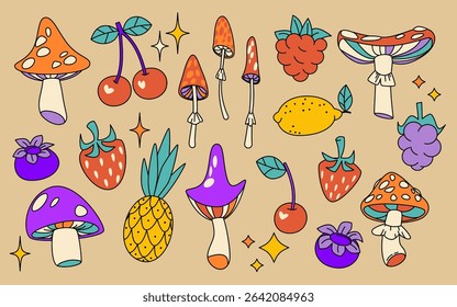 Retro mushroom and fruit rainbow collection - psychedelic toadstools with cherries, strawberries and pineapple, lemon and berries. Groovy 70s fungi illustration set for hippie vintage designs.