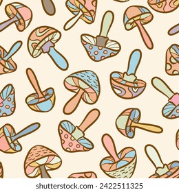 Retro mushroom seamless vector repeat pattern, groovy background design