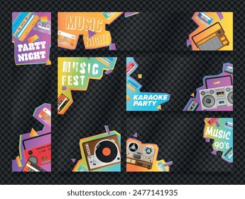 Retro-Musik 90er Jahre Nachtparty Banner Mock Up mit durchsichtigem Hintergrund Set Vektorillustration. Neunzigerjahre musikalische Unterhaltung Disco-Veranstaltung Show Vinyl Tape Player Einladung Poster