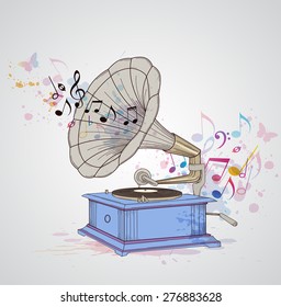 Retro music background with gramophone and notes. 