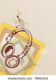 retro music background with headphones and blots