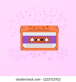 Retro music background with magnetic audio tape and notes