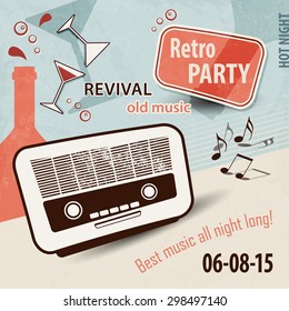 Retro music background - party flyer with old radio, bottles, glasses and music notes