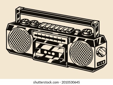 Retro music boombox with buttons audio speakers and handle in vintage monochrome style isolated vector illustration