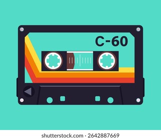 Retro music cassette poster. Audio tape backdrop, pop music album tape design flat vector background illustration. Cartoon old school music audio tape