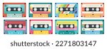 Retro music cassette. Stereo DJ tape, vintage 90s cassettes tapes and audio tape. antique radio play cassette, 1970s or 1980s rock music mix audiocassette. Isolated icons set