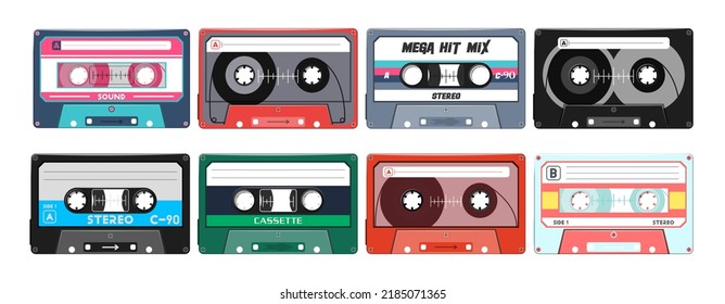 Retro-Musikkassette. Stereo DJ-Band, Vintage-90er-Kassetten-Bänder und Audio-Band. antike Radio-Play-Kassette, 1970er oder 1980er Rockmusik-Mix audiokassette. Set für einzelne Symbole