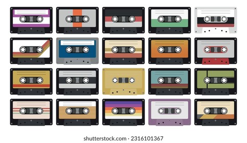 Retro music cassette. Stereo DJ tape, vintage 90s cassettes tapes and audio tape