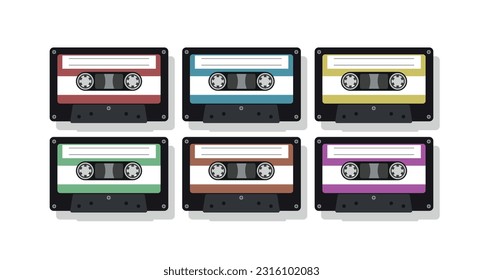 Retro music cassette. Stereo DJ tape, vintage 90s cassettes tapes and audio tape.