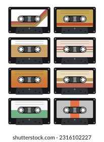 Retro music cassette. Stereo DJ tape, vintage 90s cassettes tapes and audio tape.
