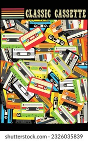 Cinta de música retro. Cintas estéreo de DJ, casetes vintage de los años 90 y casetes de audio. reproductor de audio de radio vintage, cassette de audio de mezcla de música antigua. vectores