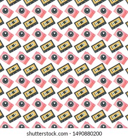 retro music cassettes and cameras photographic pattern