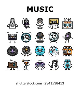 retro music character icons set vector. party vintage 80s 90s disco, poster flyer, smile modern, ball groovy, funky retro music character color line illustrations