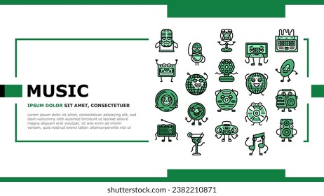 retro music character landing web page vector. party vintage 80s 90s disco, poster flyer, smile modern, ball groovy, funky retro music character Illustration