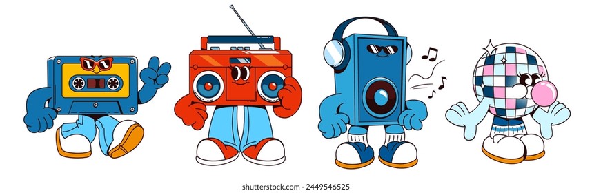 Retro music character for party illustration. Cartoon cute disco ball, radio and cassette dance element. 90s vintage fun groovy style mascot. Comic rave loudspeaker invite to show event in pub set